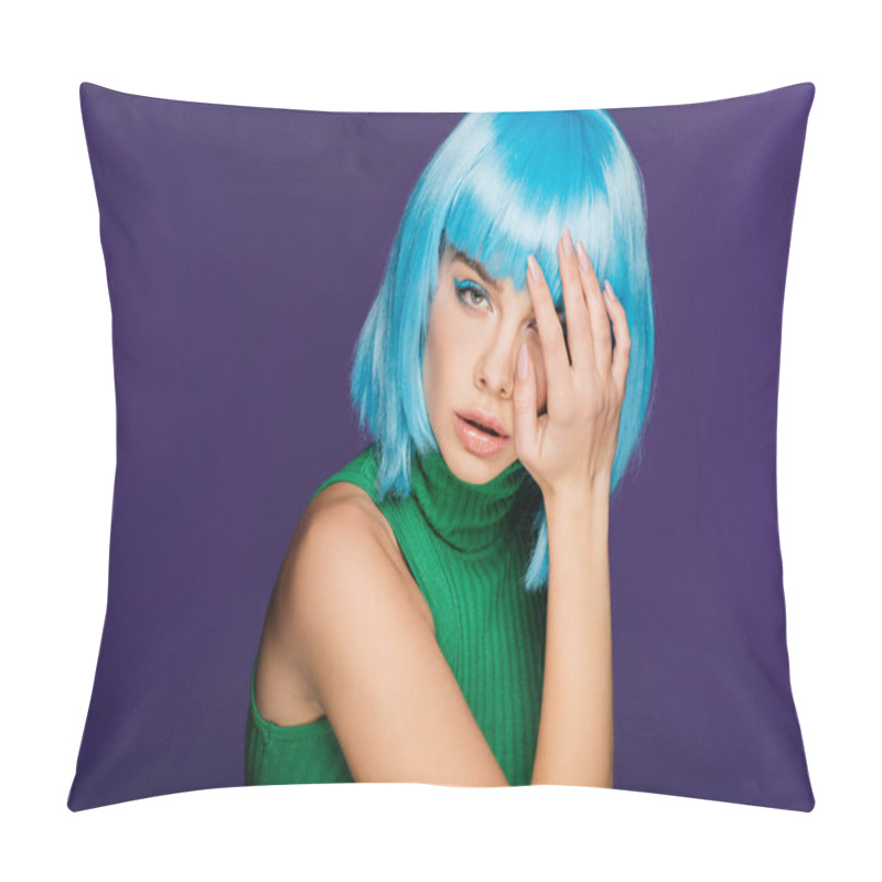 Personality  Sensual Young Woman Posing In Blue Wig And Green Turtleneck, Isolated On Purple Pillow Covers