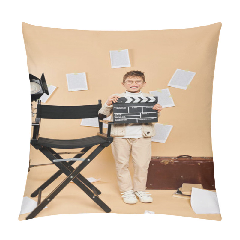 Personality  Preadolescent Boy In Film Director Attire Holding Clapper In Front Of Chair. Pillow Covers