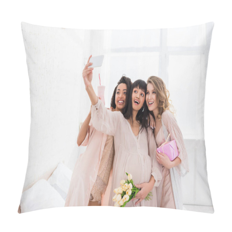 Personality  Multiethnic Girlfriends And Happy Pregnant Woman Holding Milkshake, Flowers And Gift While Taking Selfie On Baby Shower  Pillow Covers