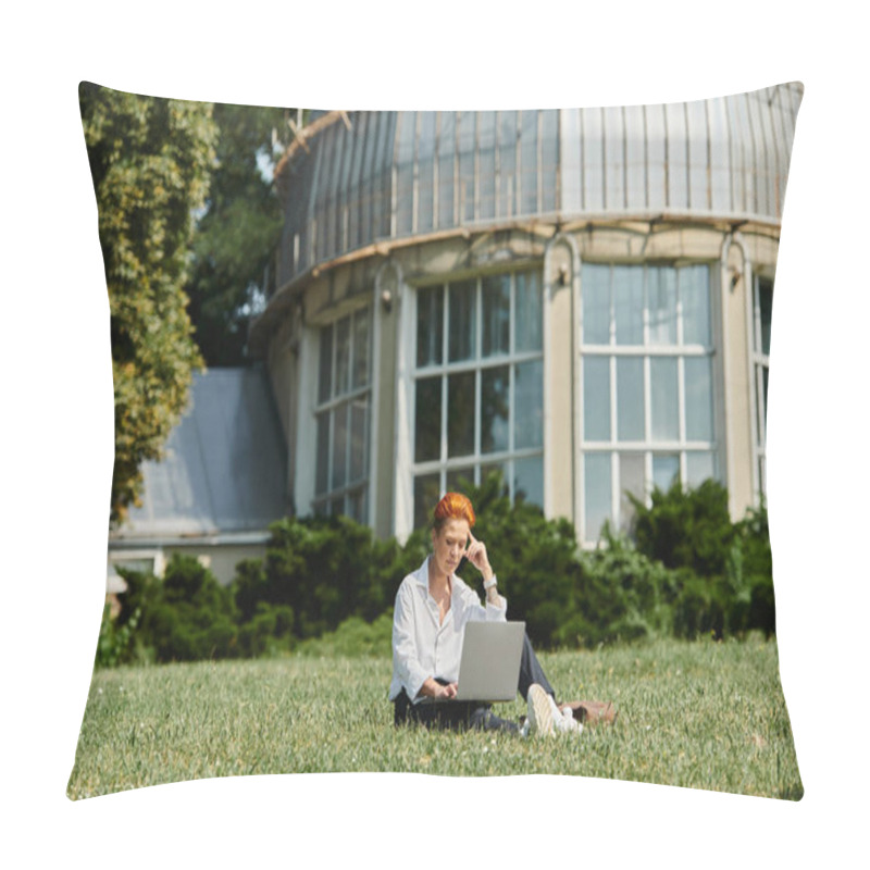 Personality  A Teacher Works On A Laptop On The Green Grass Of A College Campus. Pillow Covers