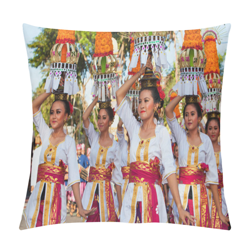 Personality  DENPASAR, BALI ISLAND, INDONESIA - JUNE 11, 2016: Street Procession Of Beautiful Women Group In Traditional Balinese Costumes Carry On Head Religious Offering For Temple Hindu Ceremony Pillow Covers