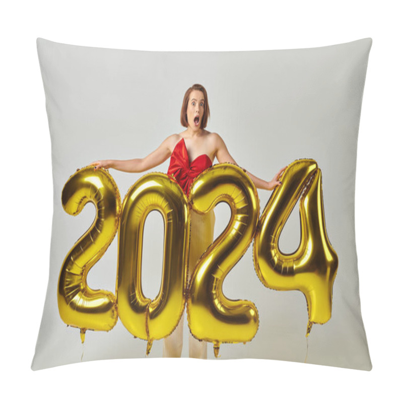 Personality  Happy New Year, Shocked Young Woman In Trendy Attire Holding Balloons With 2024 Numbers On Grey Pillow Covers