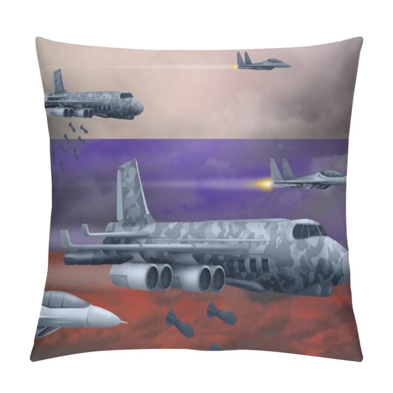 Personality  Russia Bomb Air Strike Concept. Modern Russia War Airplanes Bombing On Flag Background. 3d Illustration Pillow Covers