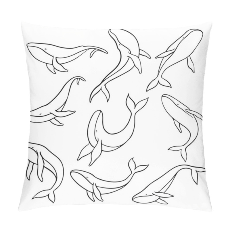 Personality  Collection Of Hand Drawn Whales In Different Poses On A White Background. Vector Illustration Pillow Covers