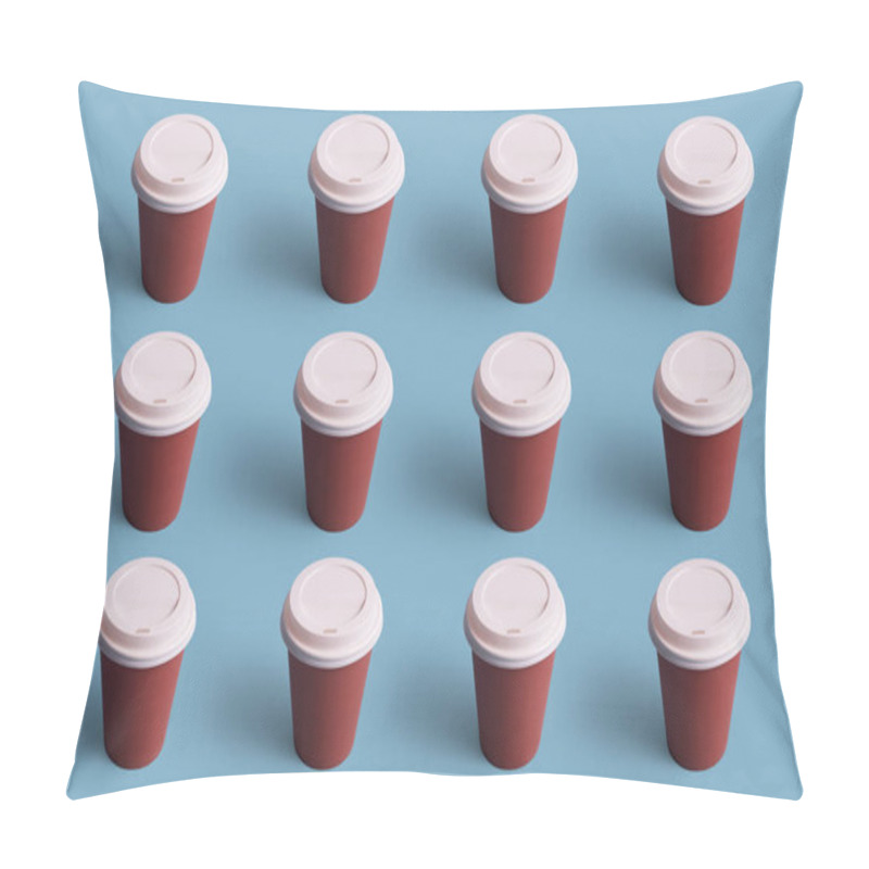 Personality  Disposable Coffee Cups Organized In A Row Over Blue Background Pillow Covers