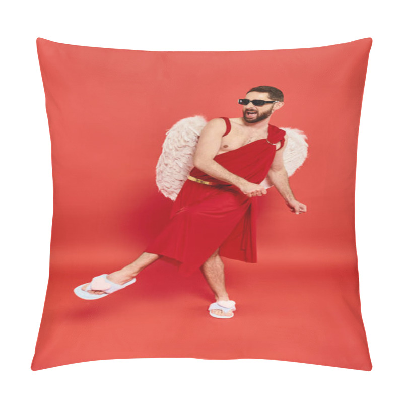 Personality  Full Length Of Excited Bearded Man In Cupid Costume Dancing On Red, St Valentines Day Celebration Pillow Covers