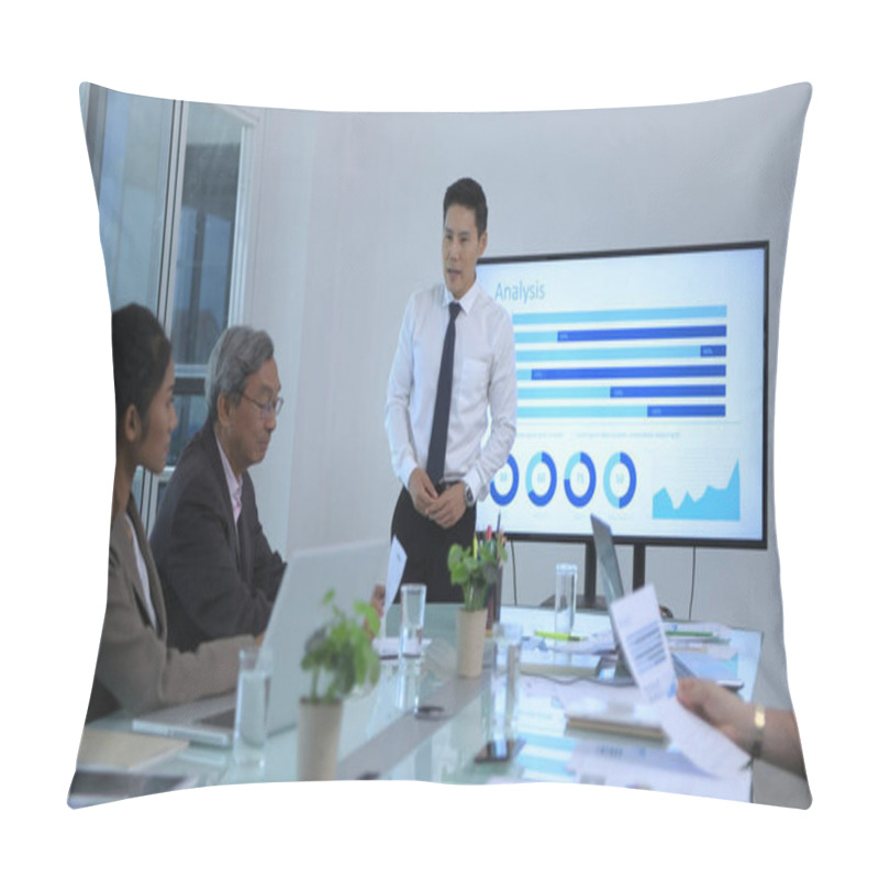 Personality  Business Concept. Young Men Presenting Results At The Meeting. 4 Pillow Covers