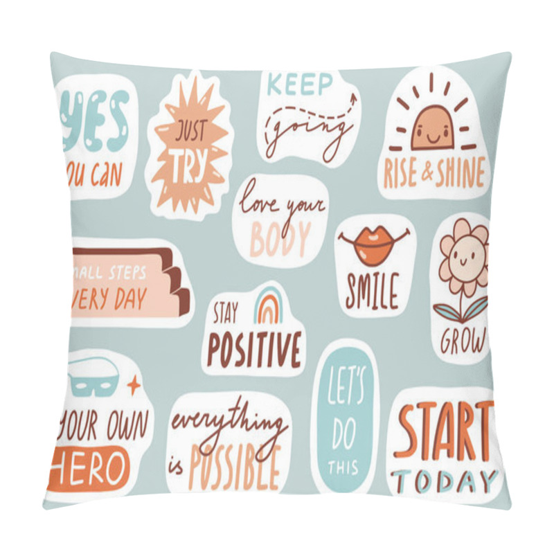 Personality  Motivational Patches Collection. Stickers, Badges, Prints For Kids With Quotes, Doodles And Lettering. Yes You Can, Stay Positive, Smile. Cute Cartoon Vector. Flat Style Inspirational Illustrations Pillow Covers