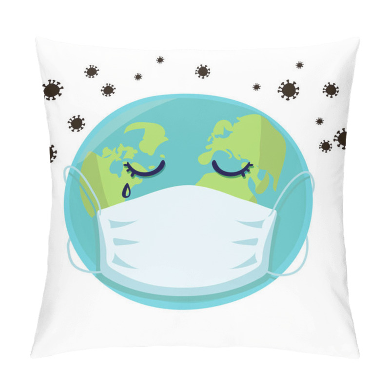 Personality  Character Earth In A Medical Mask. Coronavirus COVID-19 Concept. Dangerous Chinese NCoV Coronavirus Outbreak. Pandemic Medical Concept With Dangerous Cells. Vector Illustration Pillow Covers