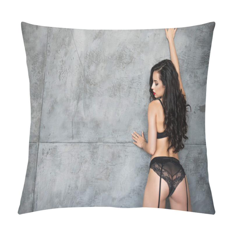 Personality  Sexy Girl In Black Underwear Leaning On Grey Wall And Touching Wall Pillow Covers