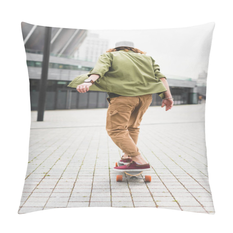 Personality  Back View Of Man In Casual Wear Riding On Skateboard At Street Pillow Covers