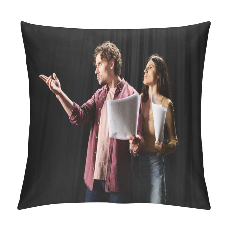 Personality  A Man And Woman Rehearse Together, Holding Papers. Pillow Covers