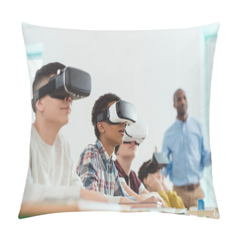 Personality  Multicultural Schoolchildren Using Virtual Reality Headsets And African American Teacher Standing Behind Pillow Covers