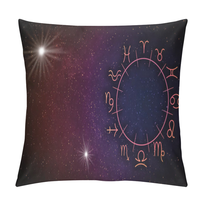 Personality  Zodiac Wheel With Twelve Signs On Starry Sky Background, Space For Text. Horoscopic Astrology Pillow Covers