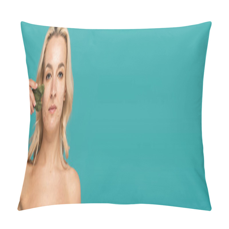 Personality  Young Woman With Acne Massaging Face With Jade Face Scraper Isolated On Turquoise, Banner  Pillow Covers