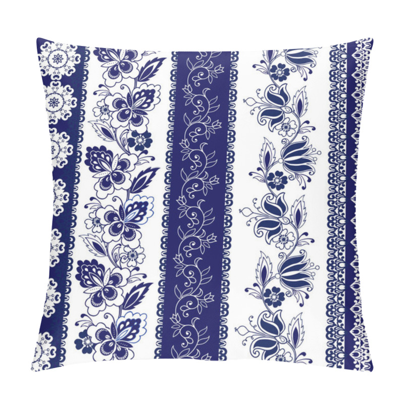 Personality  Set Of Lace Bohemian Seamless Borders. Stripes With Blue Floral Motifs. Decorative Ornament Backdrop For Fabric, Textile, Wrapping Paper. Pillow Covers