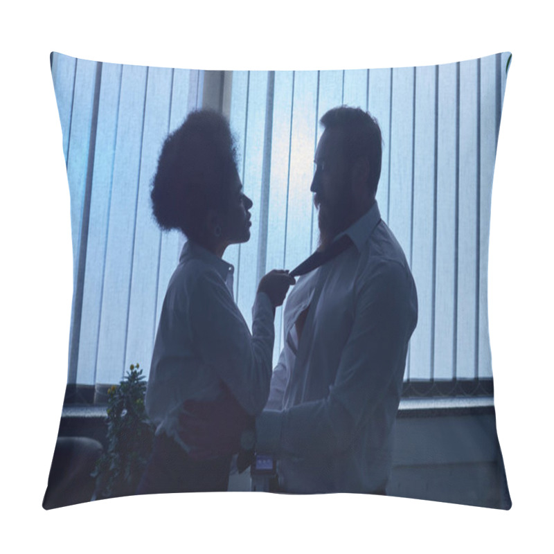 Personality  Dark Silhouette Of African American Woman Pulling Tie Of Colleague And Seducing Him In Office Pillow Covers