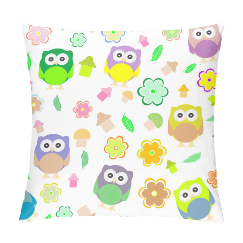 Personality  Background With Spring Elements - Owls, Mushrooms, Flowers Pillow Covers