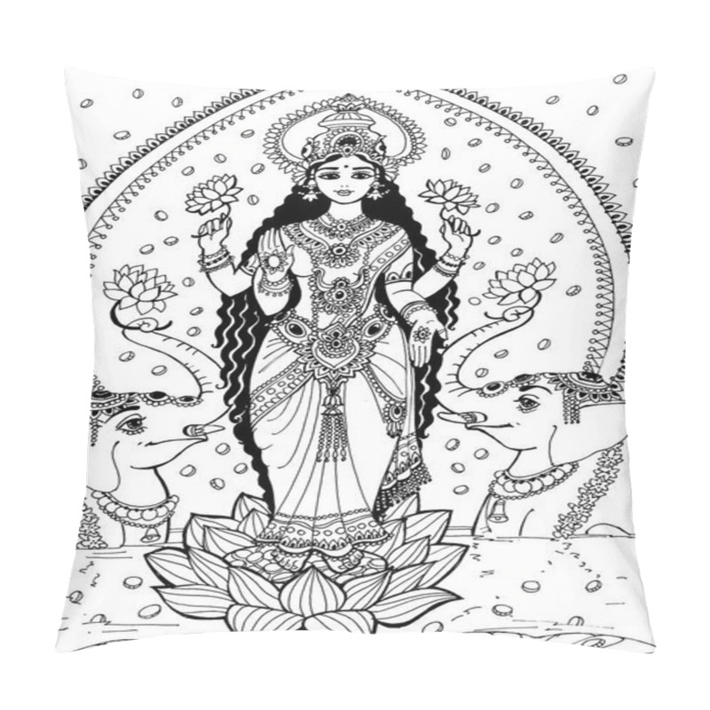 Personality  The Goddess Lakshmi Stands On A Lotus Flower And Two Elephants Are Located On The Side. The Goddess Lakshmi Is The Goddess Of Beauty And Prosperity Painted With Black Paint On A White Background. Pillow Covers