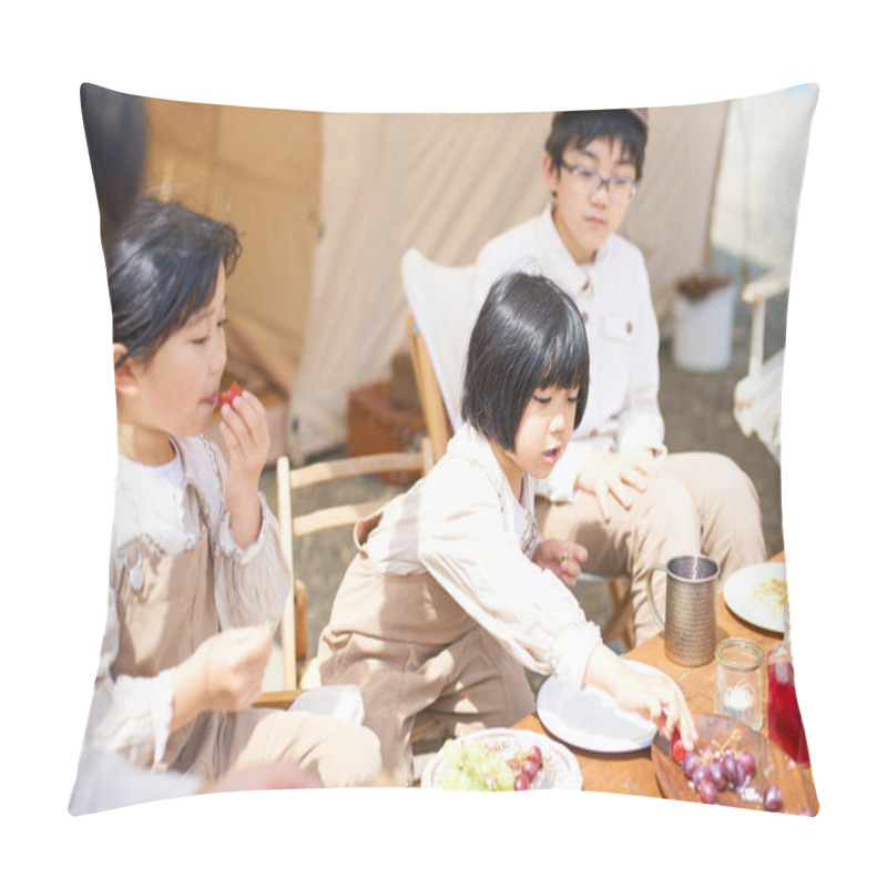 Personality  Children And Parent Enjoying A Meal At Camp On A Sunny Day Pillow Covers