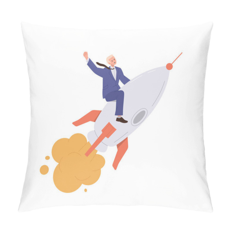 Personality  Successful Businessman Character Flying On Rocket Forward To Goal And New Opportunities Vector Illustration Isolated On White Background. Career Growth, Business Project Launching And Advancement Pillow Covers