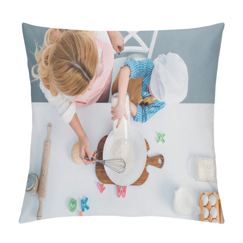 Personality  Top View Of Mother And Boy Pouring Milk Into Bowl With Egg And Flour  Pillow Covers