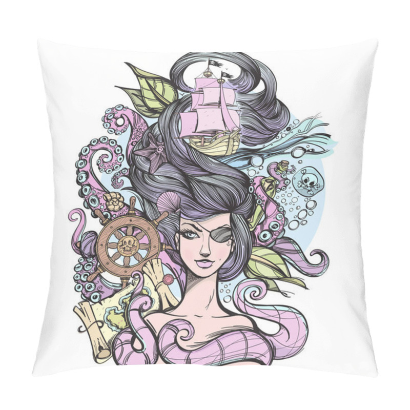 Personality  Beautiful Girl Pirate With An Eye Patch. Fantastic Woman With Hair In The Form Of Sea Waves Surrounded By An Octopus Tentacles. Vector Illustration For Tattoos, Print On T-shirts And Much More. Pillow Covers