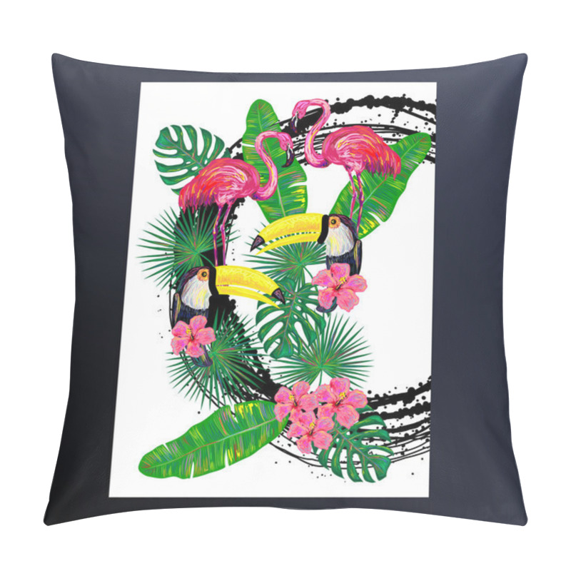 Personality  Invitation With Pink Flamingo, Toucan Bird, Tropical Exotic Flowers And Leaves Pillow Covers