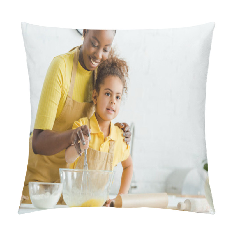 Personality  Cute African American Kid And Cheerful Mother Holding Whisk Near Bowl While Cooking In Kitchen  Pillow Covers