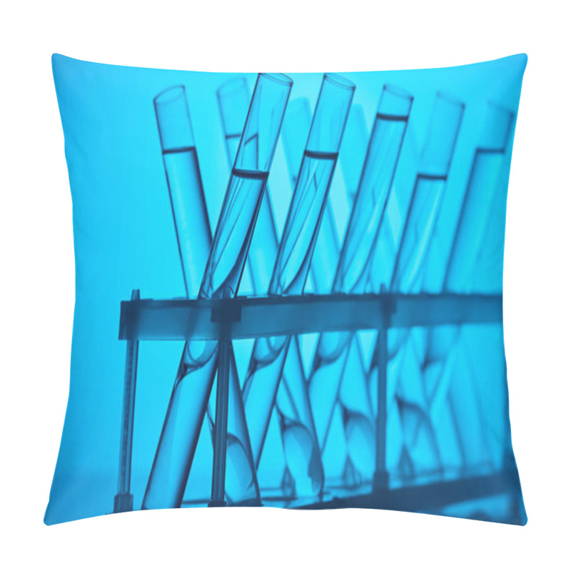 Personality  Glass Tubes With Liquid On Stand In Laboratory On Blue Pillow Covers