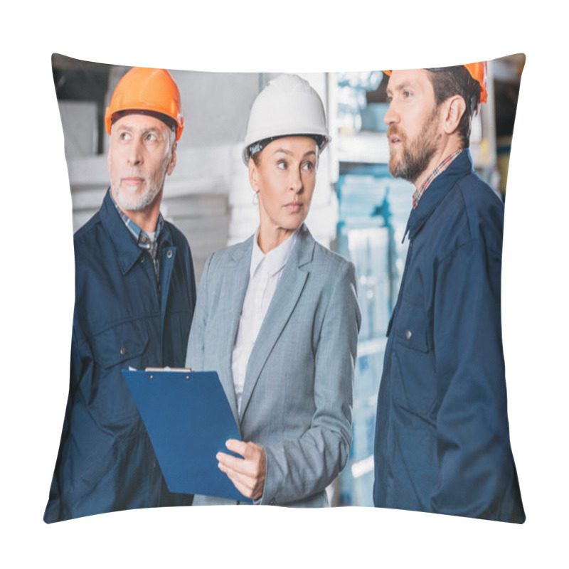 Personality  Male Workers In Helmets And Female Inspector With Clipboard In Warehouse Pillow Covers