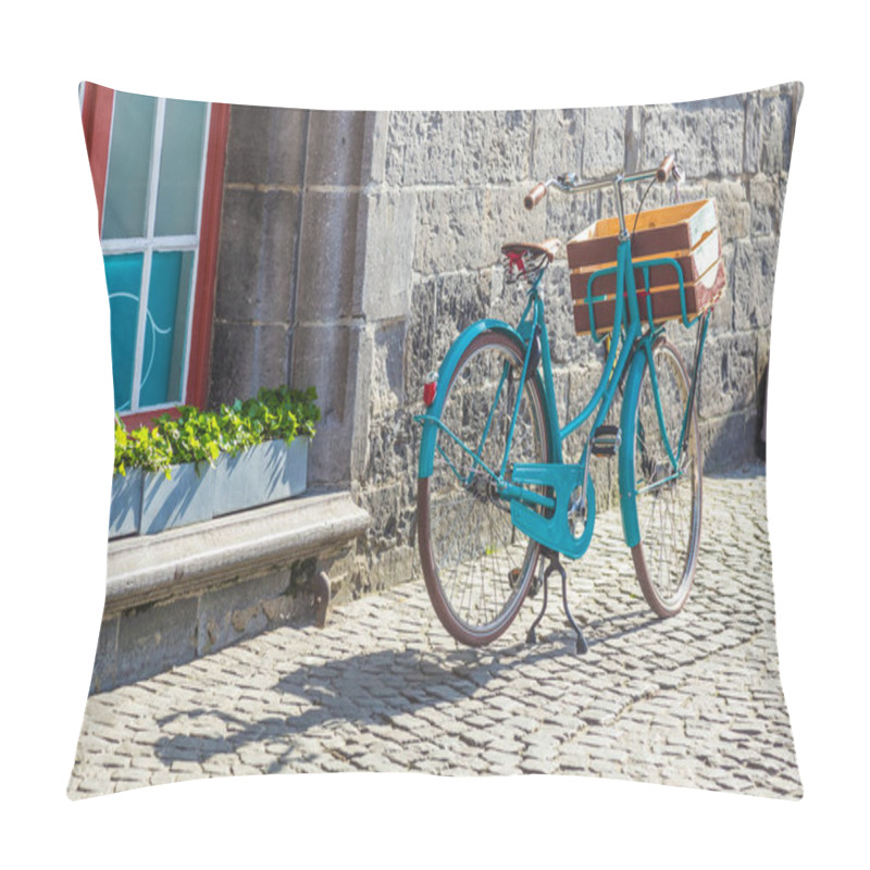 Personality  Retro Style Bicycle Parks Outside Near Old European Stone Wall A Pillow Covers