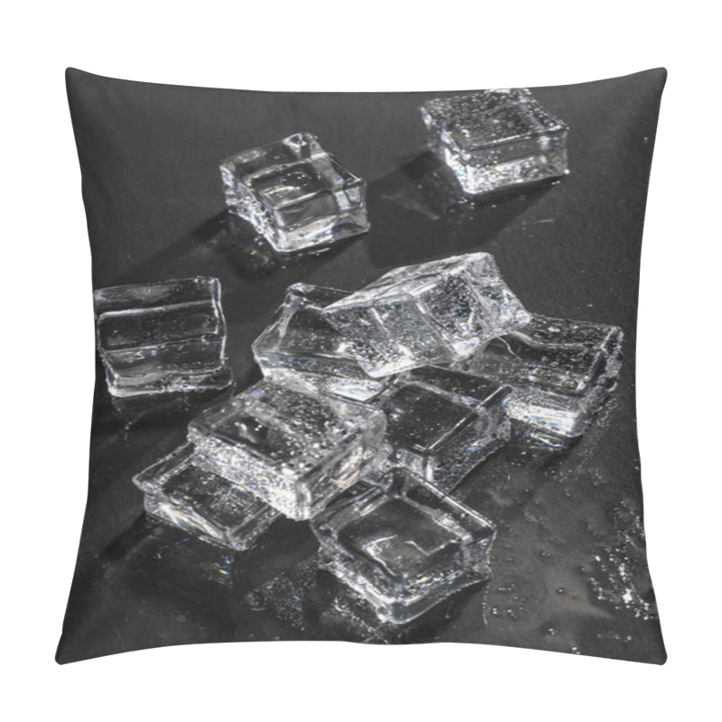 Personality  Ice Cubes On Black Stone Board. Wet Ice Cubes With Water Drops. Hard Light. Deep Shadows. Cold And Freshness Concept. Summer Drinks Conceptions. Dark Background. Pillow Covers