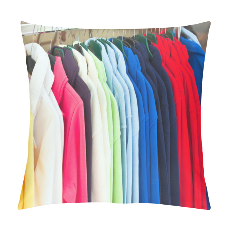 Personality  Colourful Textile Sport Shirts Hanging In Row At Store Pillow Covers