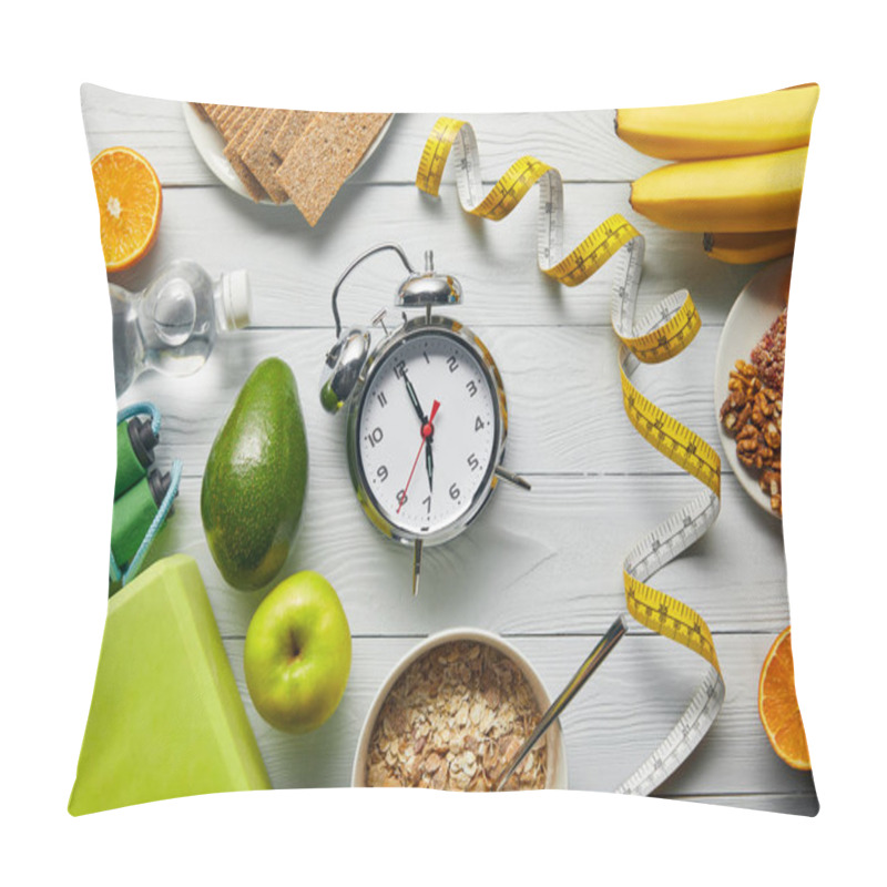 Personality  Top View Of Diet Food Near Measuring Tape, Alarm Clock And Sport Equipment On Wooden White Background Pillow Covers