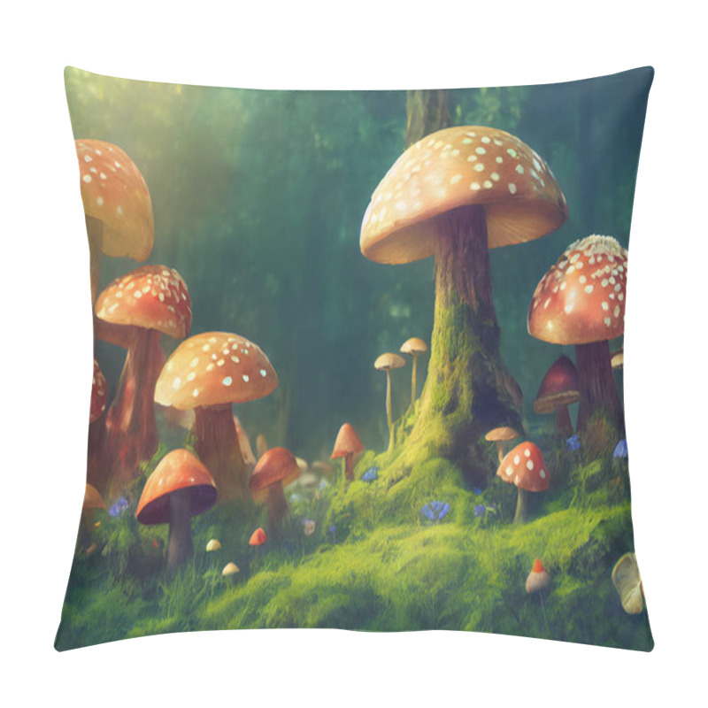 Personality  An Illustrative Painting With Detail Of A Forest With Many Mushrooms And Flowers In The Dense Grass Of A Forest. Pillow Covers