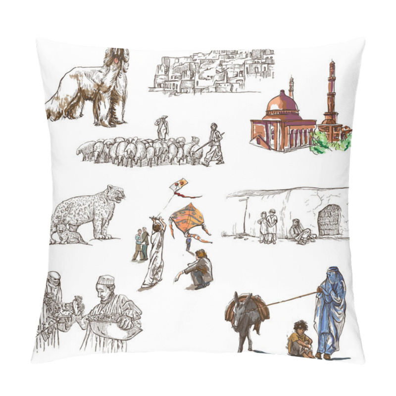 Personality  Afghanistan: Travel Around The World. An Hand Drawn Illustration Pillow Covers