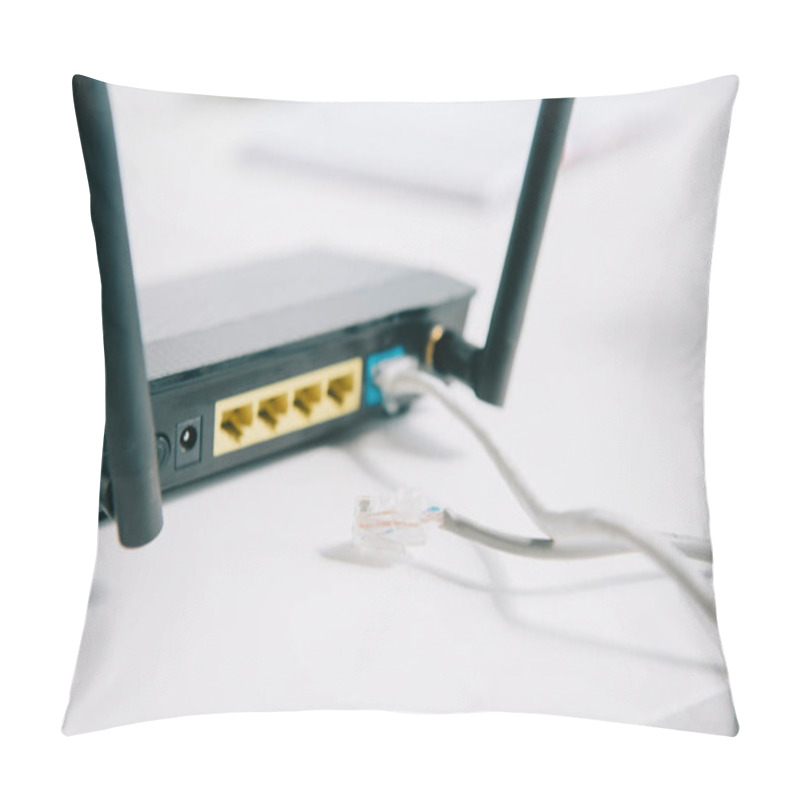 Personality  Selective Focus Of Black Plugged Router On Office Table Pillow Covers