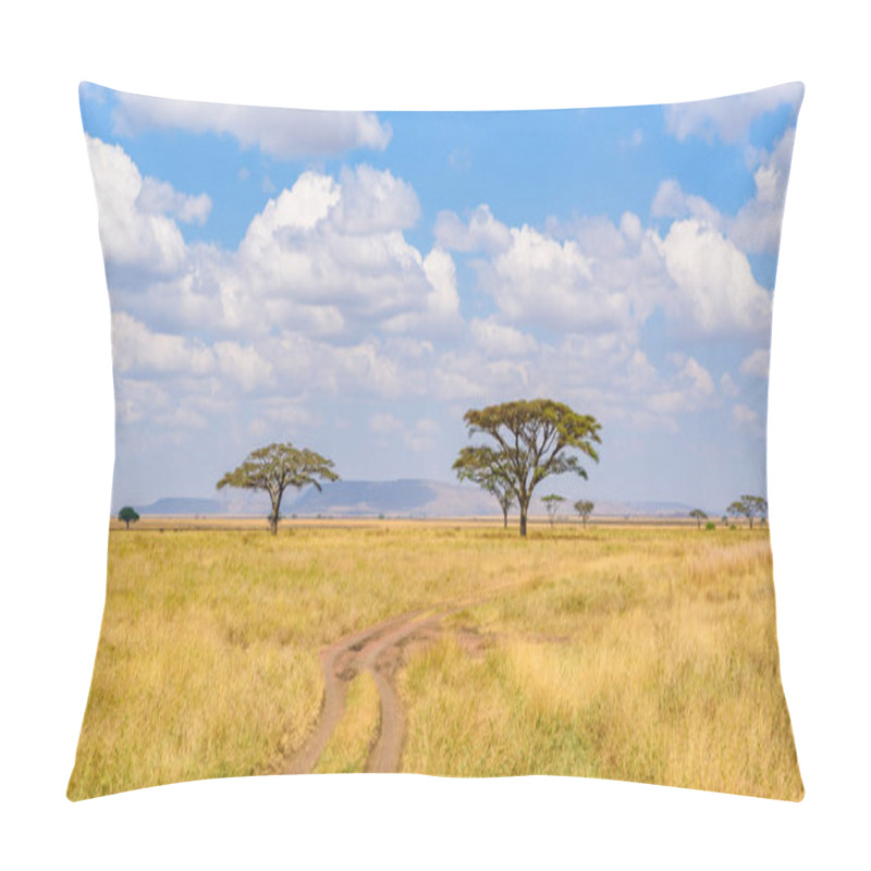 Personality  Game Drive On Dirt Road With Safari Car In Serengeti National Park In Beautiful Landscape Scenery, Tanzania, Africa Pillow Covers