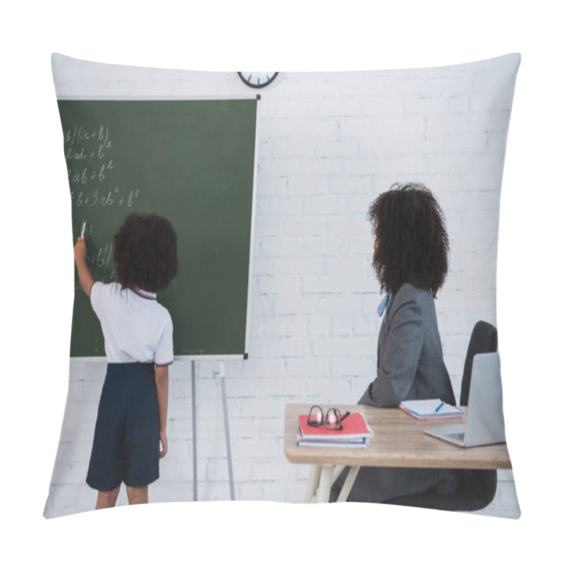 Personality  African American Kid Writing Mathematics Formula On Chalkboard Near Teacher  Pillow Covers