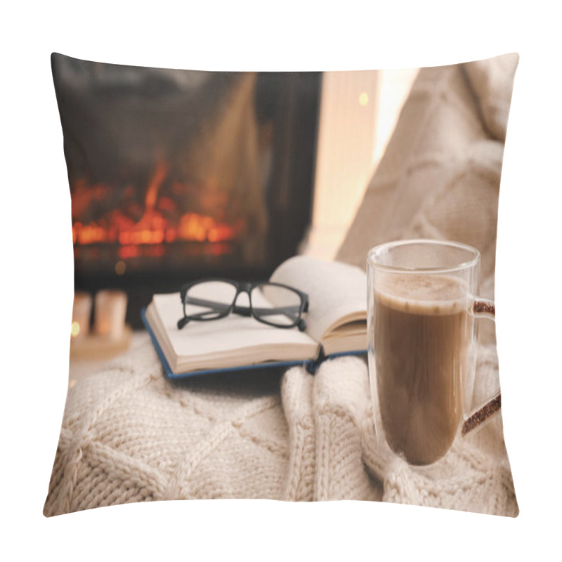 Personality  Cup Of Coffee, Book And Glasses Near Fireplace Indoors, Space For Text. Cozy Atmosphere Pillow Covers