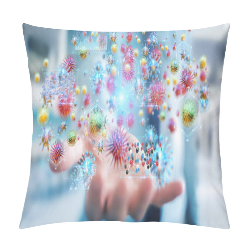 Personality  Businessman On Blurred Background Analyzing Bacteria Microscopic Close-up 3D Rendering Pillow Covers