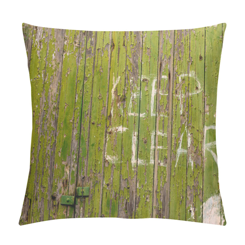 Personality  Weathered Green Wooden Door With Peeling Paint And 'Keep Clear' Sign Pillow Covers