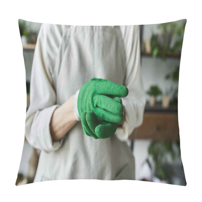 Personality  A Gardener, Hands Adorned With Green Gloves, Cares For Her Treasured Plants. Pillow Covers