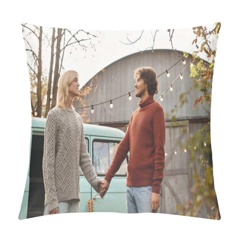 Personality  Young Loving Gay Couple Share A Tender Moment, Hands Intertwined, Against A Charming Vintage Van Backdrop. Soft Lighting And Autumn Leaves Create A Warm Atmosphere Perfect For Connection. Pillow Covers