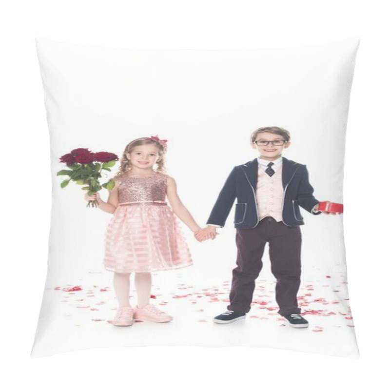 Personality  Adorable Happy Kids With Roses And Heart Shaped Gift Box Holding Hands And Smiling At Camera On White     Pillow Covers