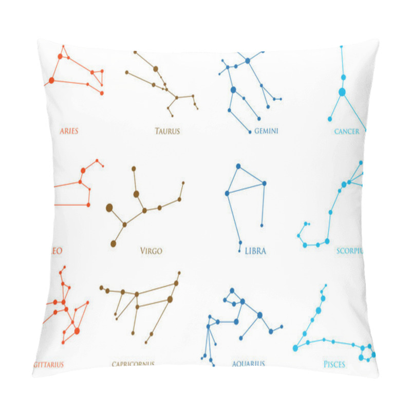 Personality  Set Of Zodiac Constellations. Horoscope Set: Aries, Leo, Sagittarius, Capricorn, Taurus, Virgo, Libra, Aquarius, Gemini, Cancer, Scorpio, Pisces. Vector Illustration Pillow Covers