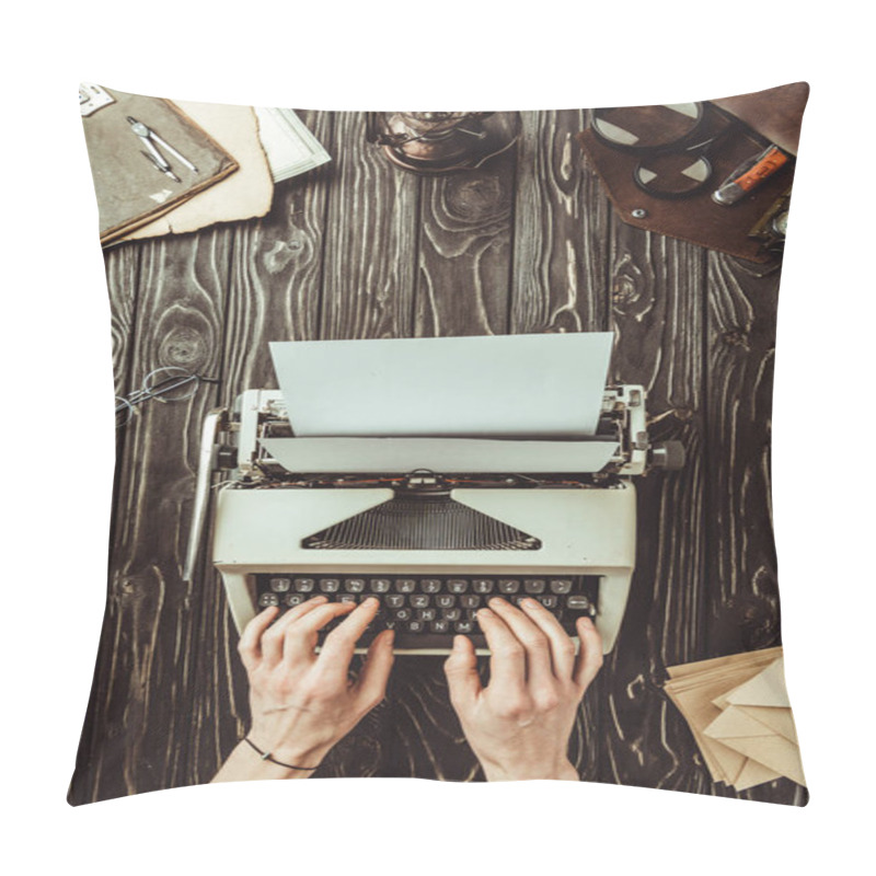 Personality  Partial View Of Writer Typing On Typing Machine With Blank Envelopes And Magnifying Glasses  On Wooden Tabletop Pillow Covers