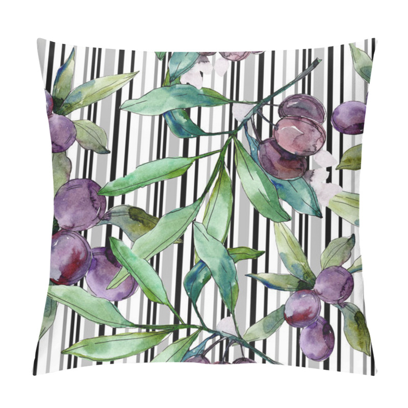 Personality  Black Olives On Branches With Green Leaves. Botanical Garden Floral Foliage. Watercolor Background Illustration. Seamless Background Pattern. Fabric Wallpaper Print Texture. Pillow Covers