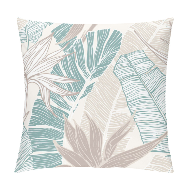 Personality  Hand Drawn Abstract Tropical Summer Background : Palm Tree And Banana Leaves, Bird-in-paradise Flower In Silhouette, Line Art Pillow Covers